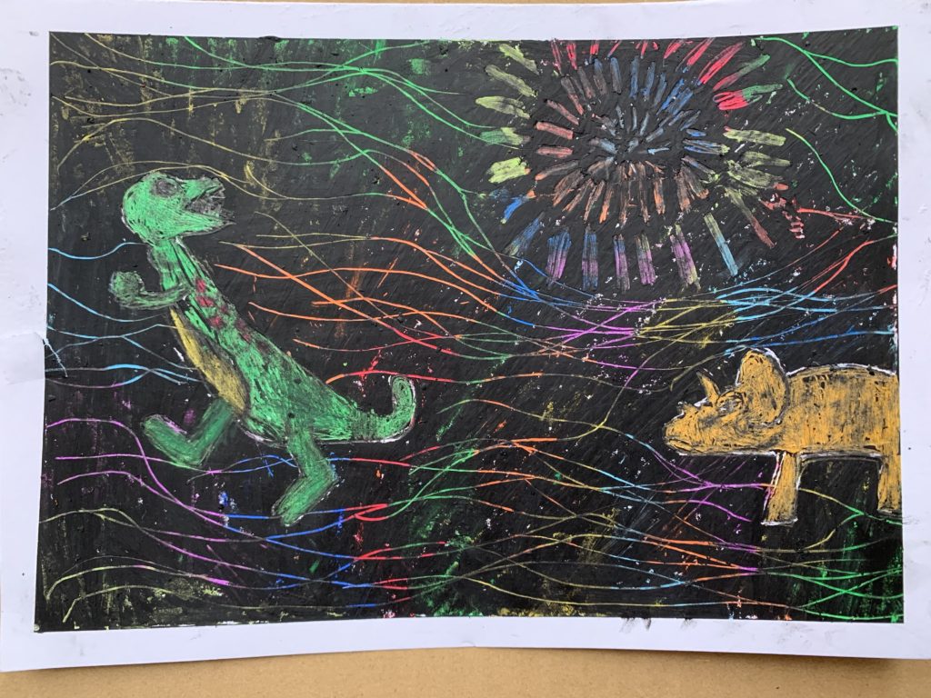 恐竜🦖初めて見た花火