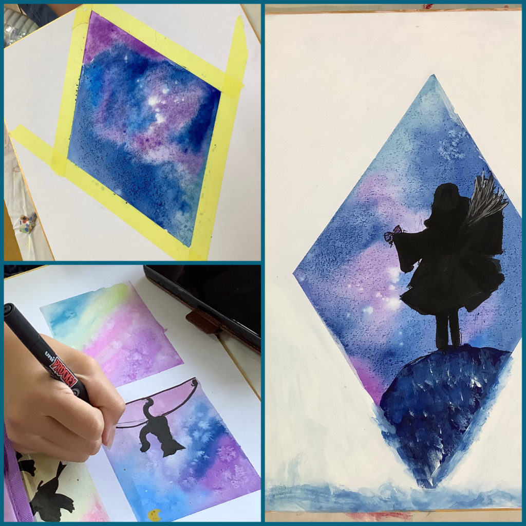 水彩とシルエットで