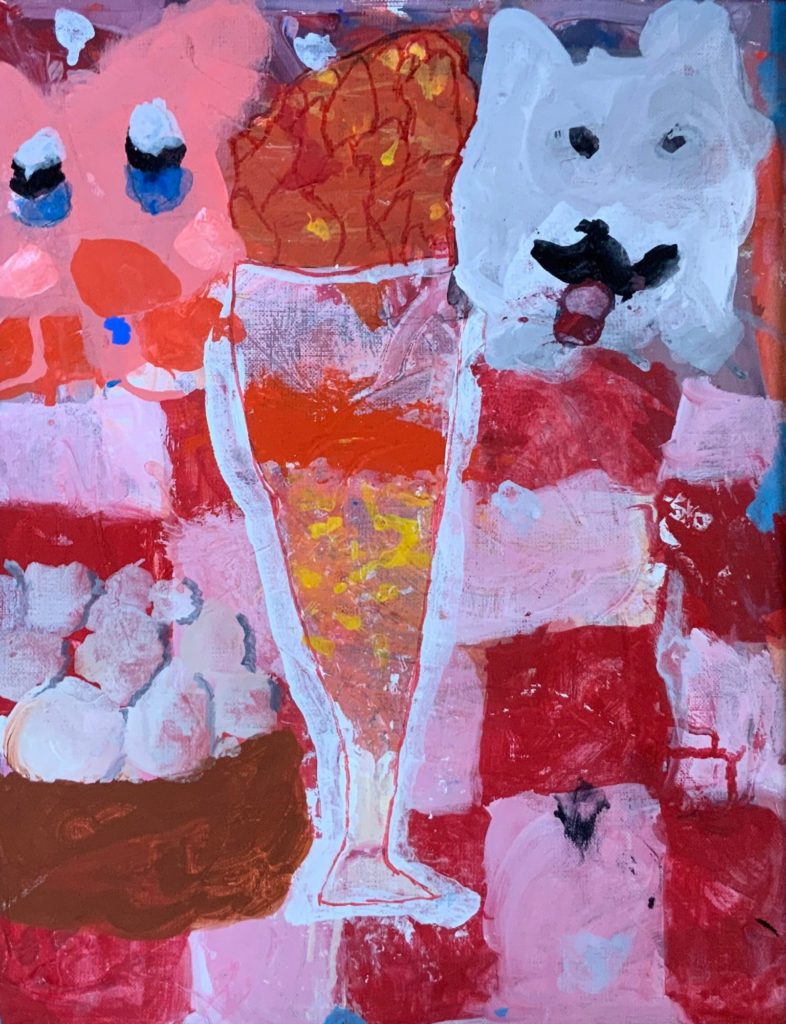 パフェをカービィとにゃんこがいっしょにたべている！