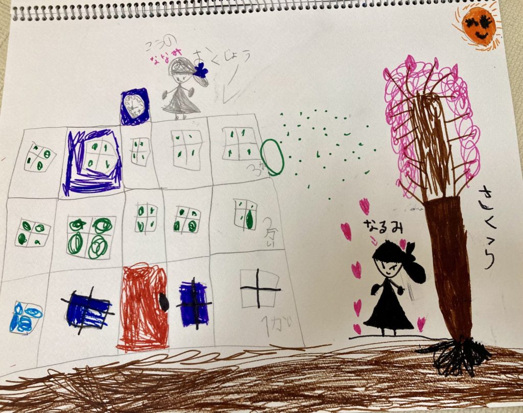 お花見してるなるみ先生と屋上にいるななみ