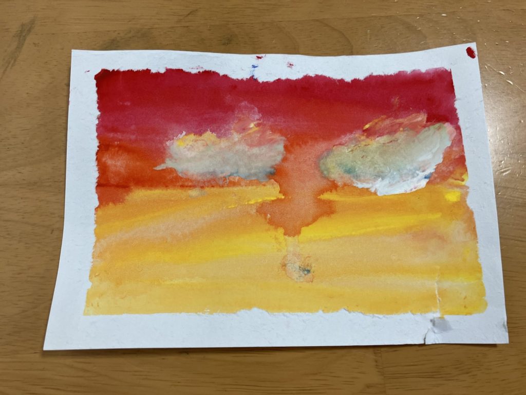 水彩画　夕日のくも