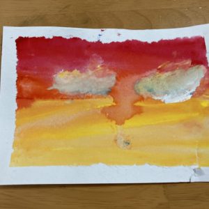 水彩画　夕日のくも