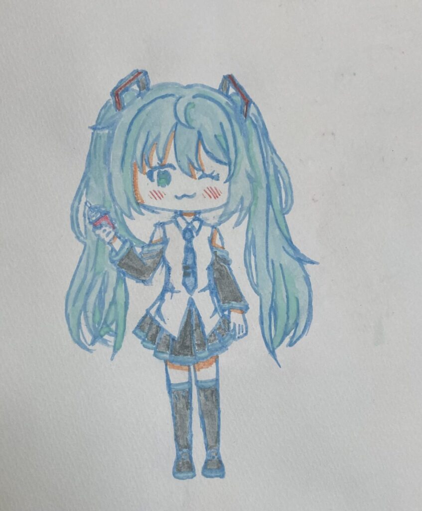 水彩とカラーペンで描いた初音ミク