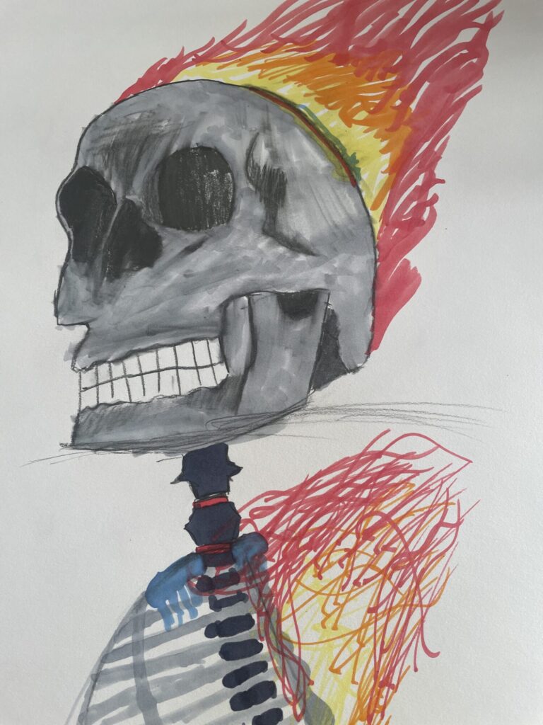 あたまが燃えるガイコツ