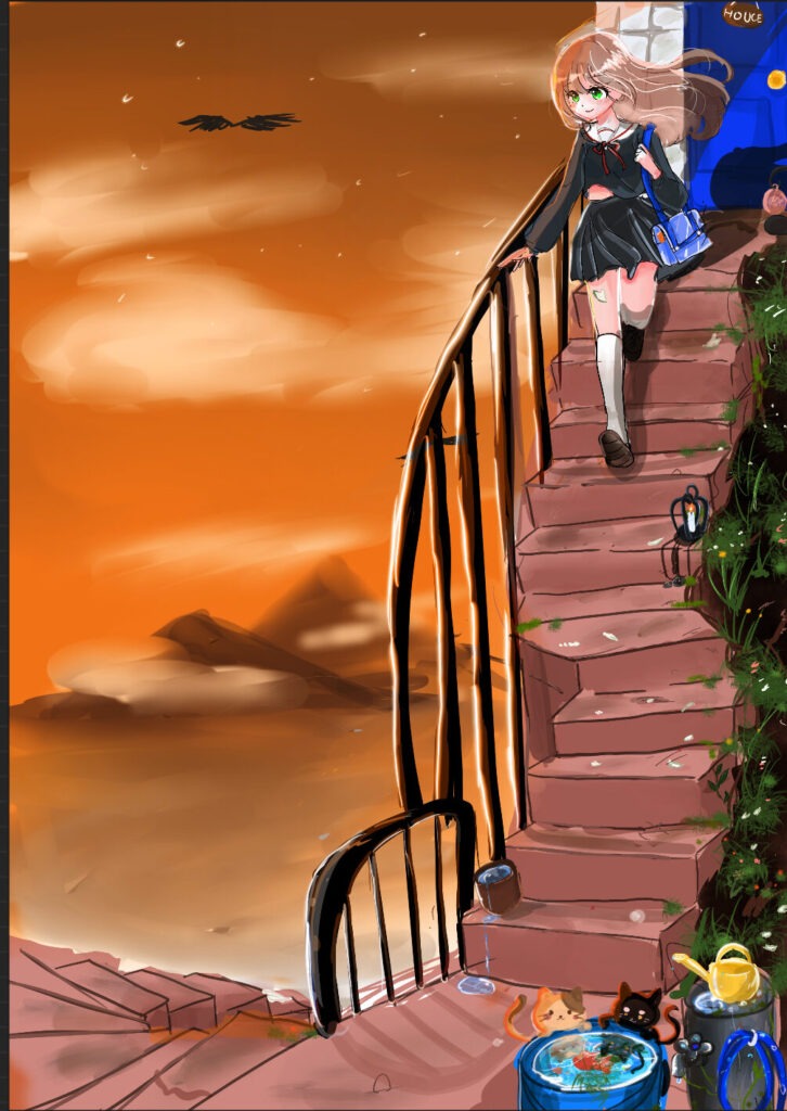 階段から見える夕焼け