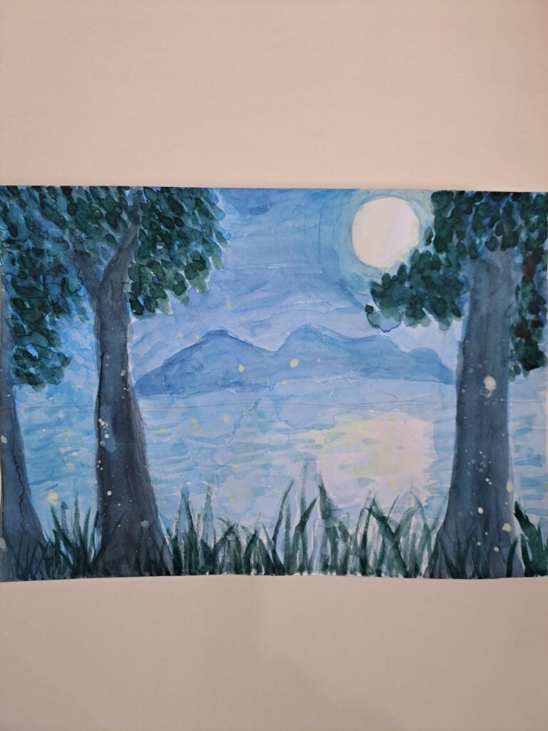 夜の湖　水彩画