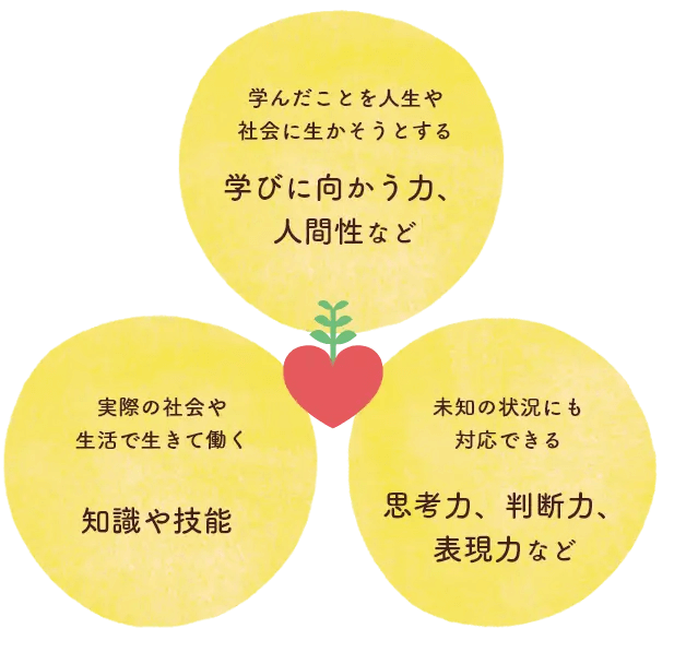 学んだことを人生や社会に生かそうとする学びに向かう力、人間性など／実際の社会 生活で生きて働く知識や技能／未知の状況にも対応できる思考力、判断力、表現力など